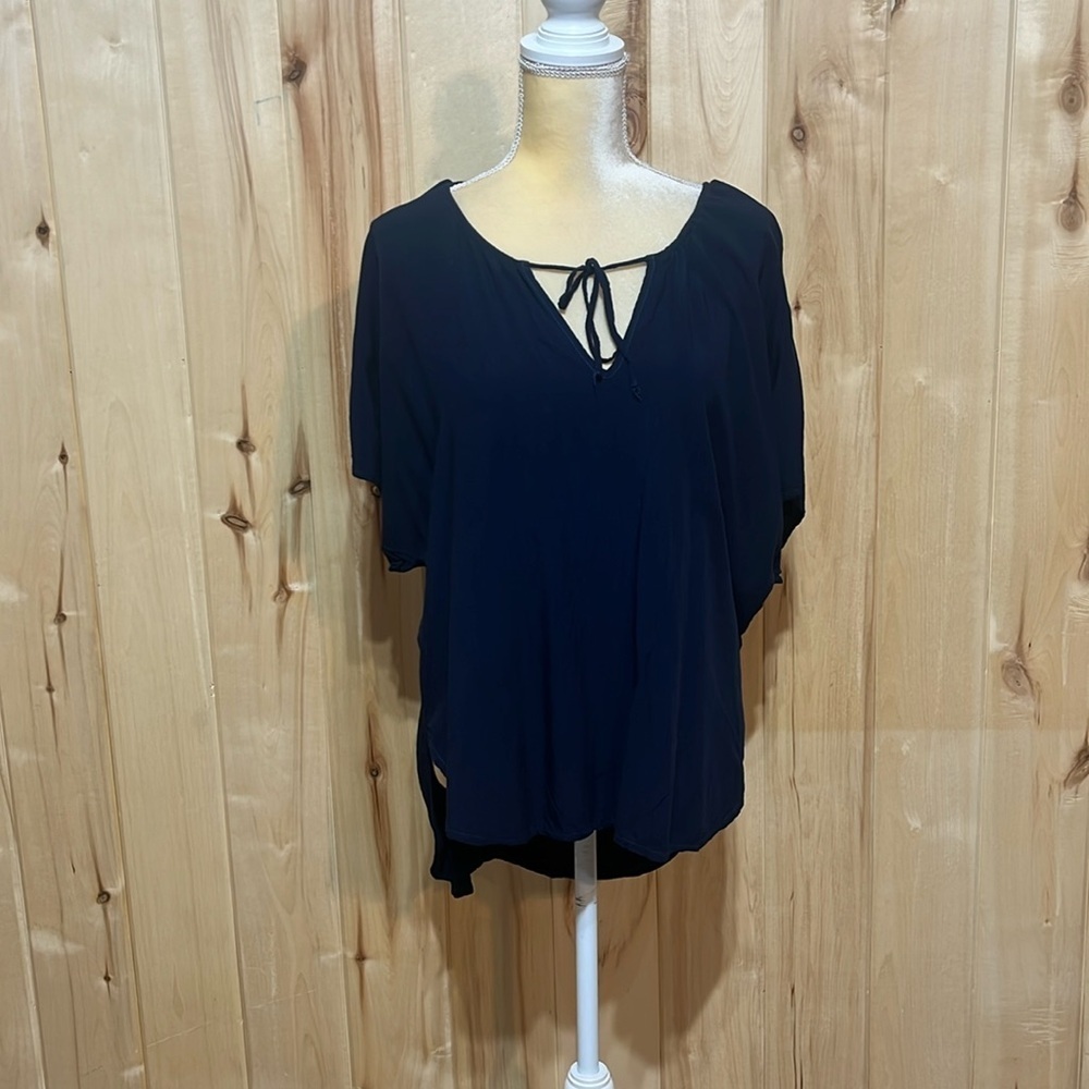 Michael Stars Navy Tie Front High Low Short Sleeve Blouse Size M